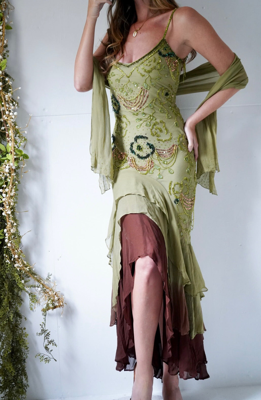 Beaded Silk Forest Fairy Dress with Sash (Pre-Order) xs-1 Beaded Silk Forest Fairy Dress with Sash (Pre-Order) xs-1