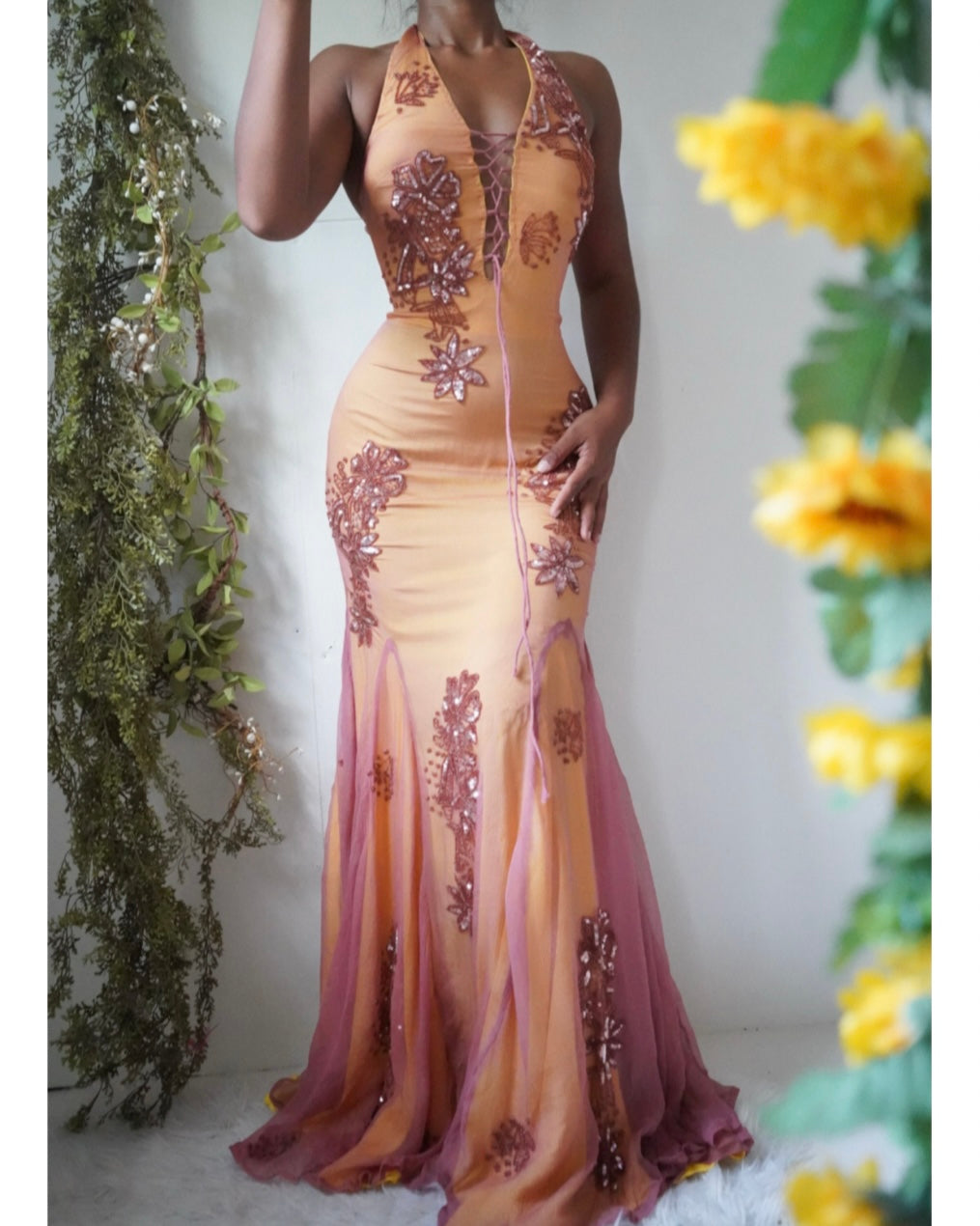 Silk Chiffon Hand Beaded Halter Gown (Pre-Order)