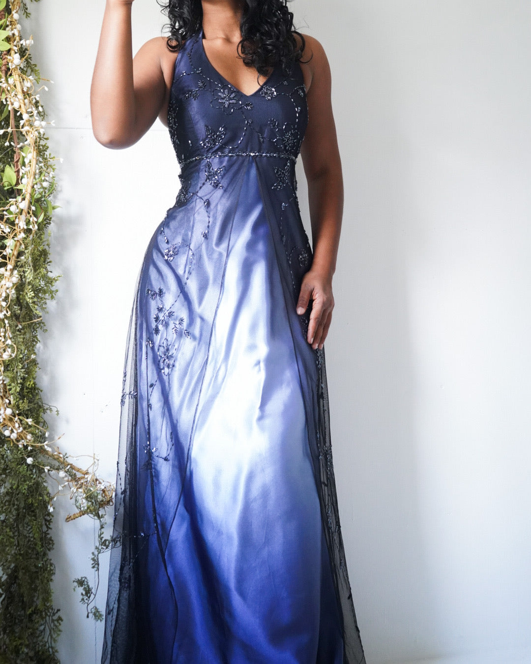 Vintage Y2K Ombre Blue Halter Beaded Split Front Gown Vintage Y2K Ombre Blue Halter Beaded Split Front Gown
