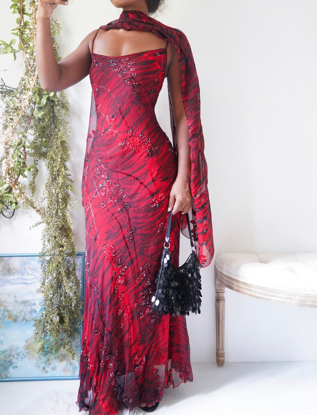 y2k beaded dress Rare Devore Silk Animal Print Gown – Masha&Jlynn Has a zipper closure Maria Anette 5623 Women's V-Neck Stud Mini Model:Pleated Front