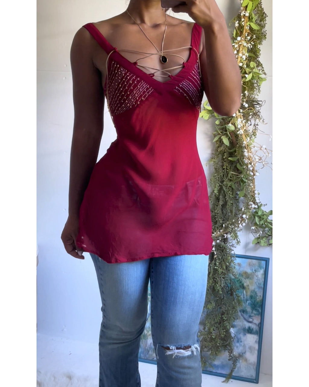 Y2K Maroon Boho Lace Up Detail Top