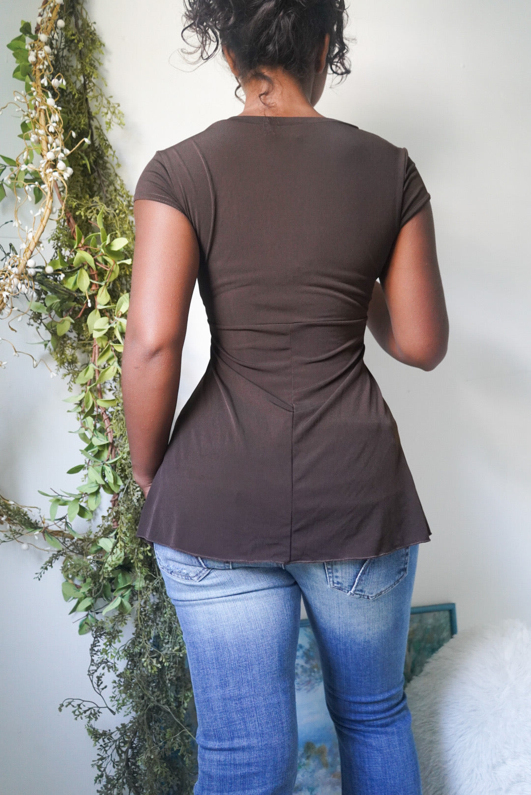 Y2K Brown Buckle Neckline Elevated Basic Top