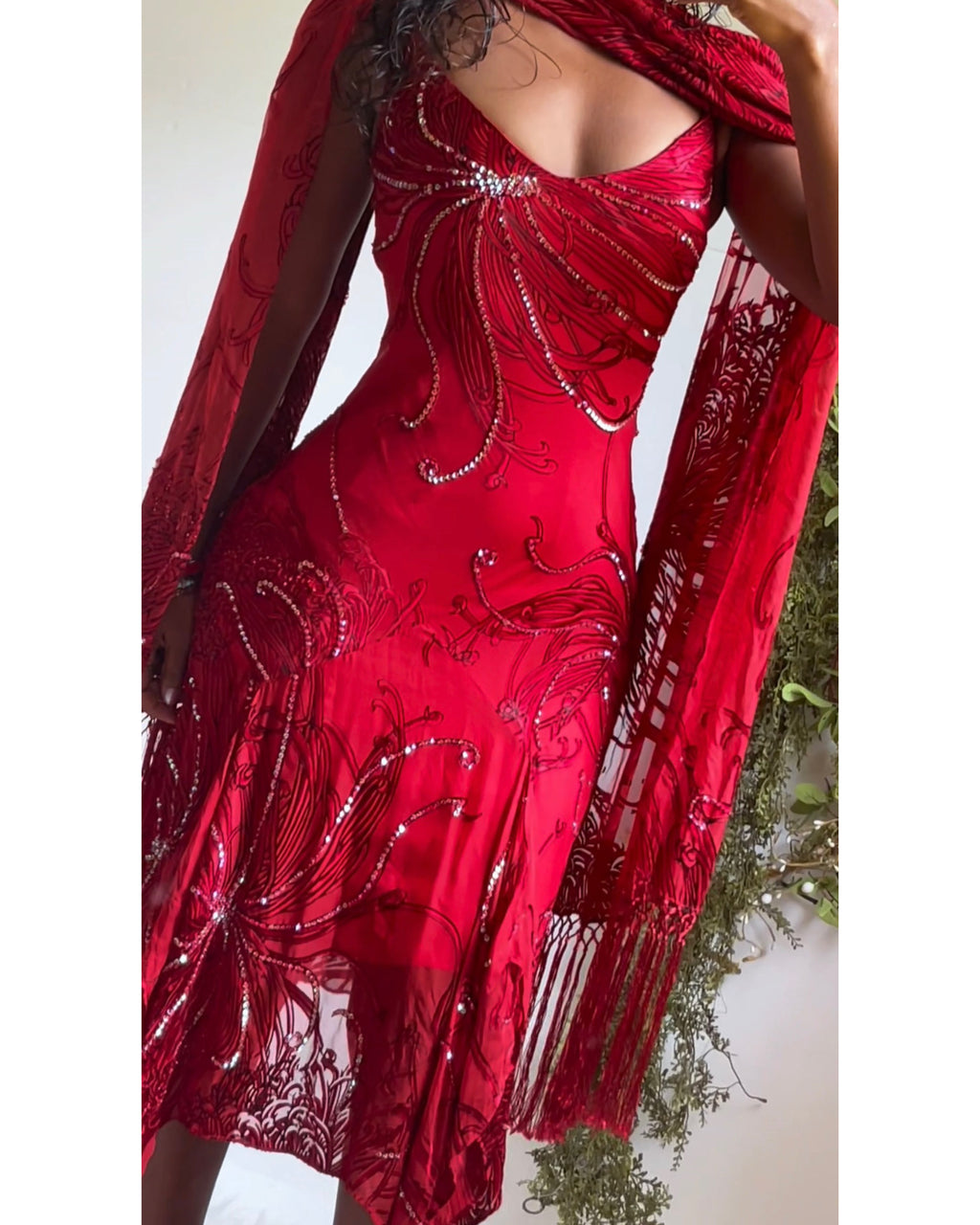 Red Silk Sue Wong Fairy Dress with Fringe Scarf