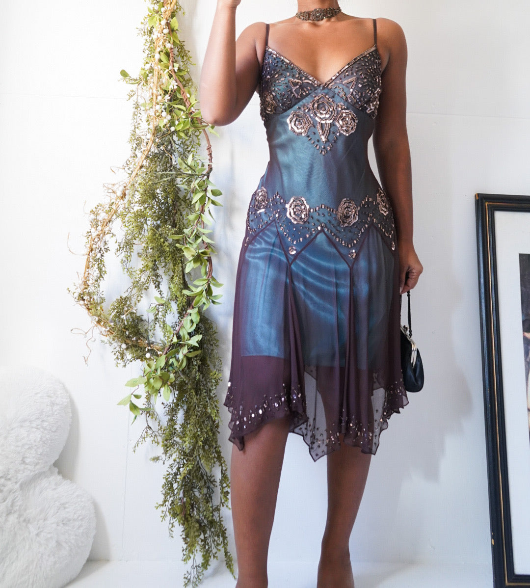 Vintage Teal and Brown Beaded Silk Fairy Dress