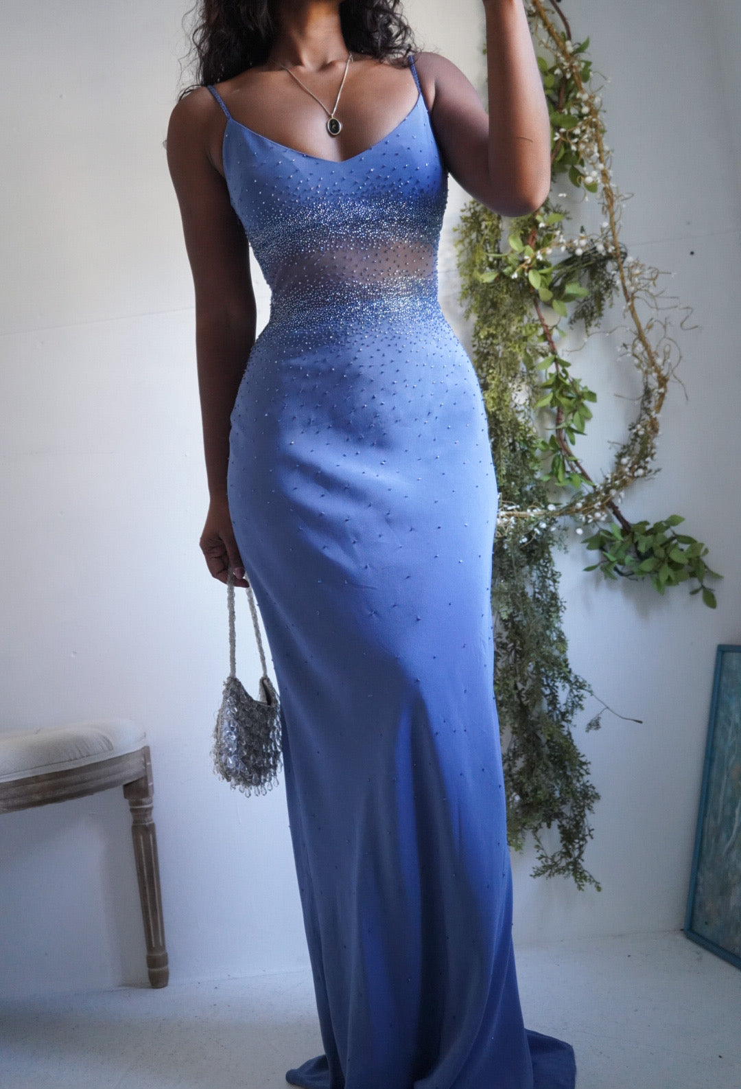 Y2K Deep Cornflower Beaded Illusion Waist Gown
