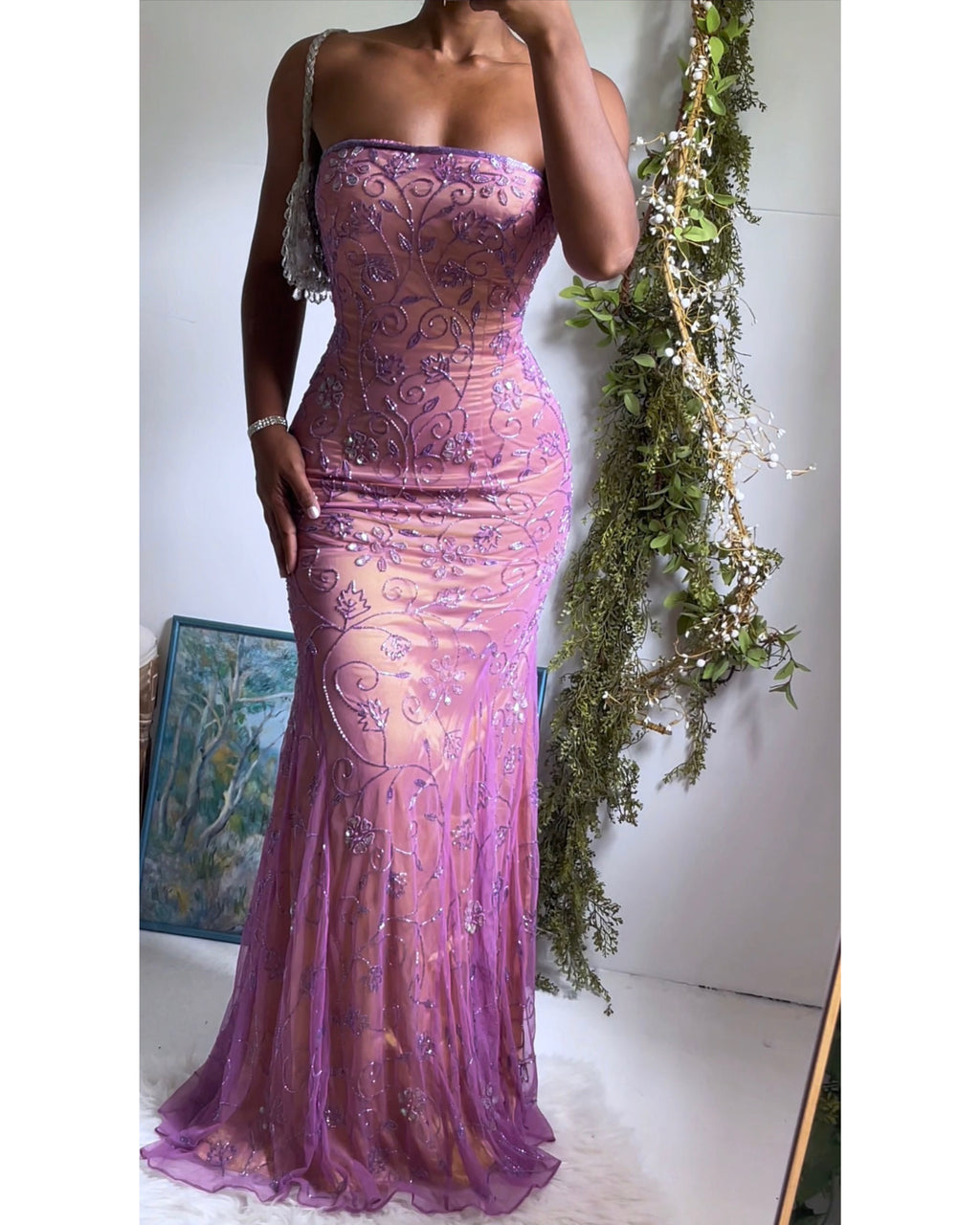 Rare Vintage Y2K Silk Beaded Strapless Gown