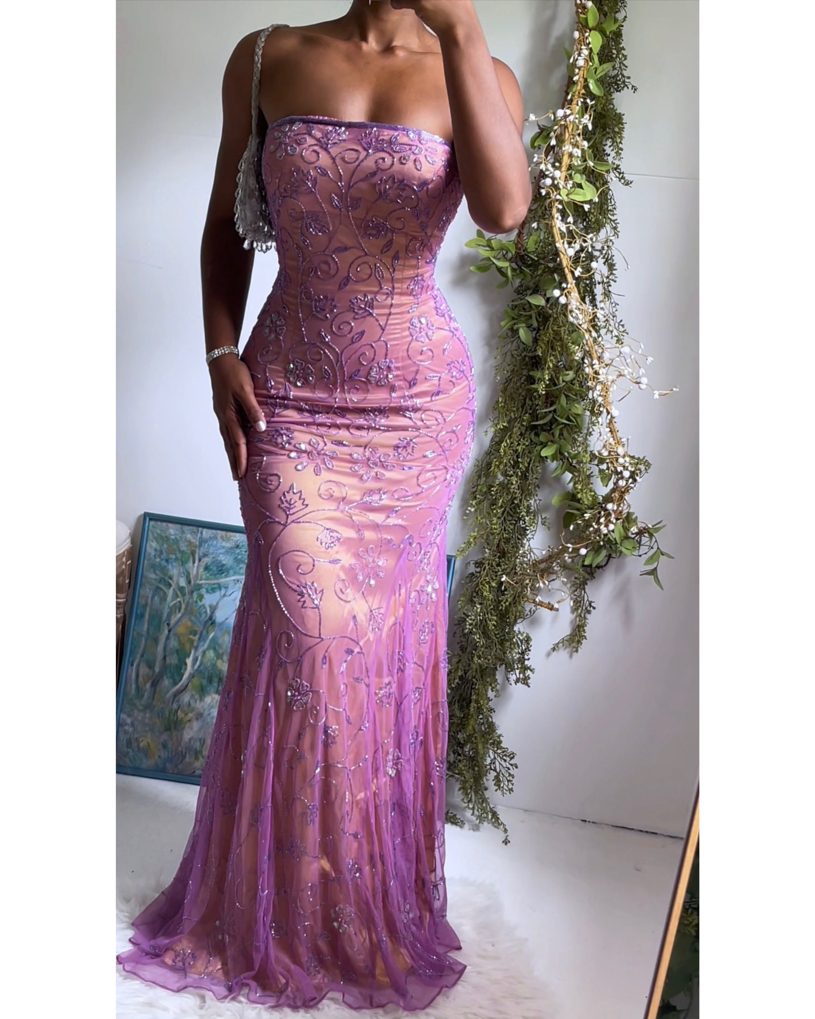 Rare Vintage Y2K Silk Beaded Strapless Gown