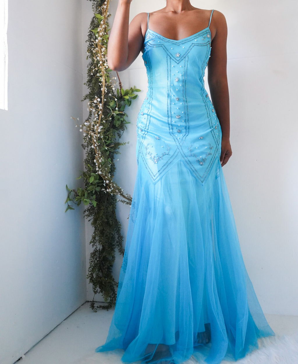 Y2K Turquoise Beaded Tulle Gown