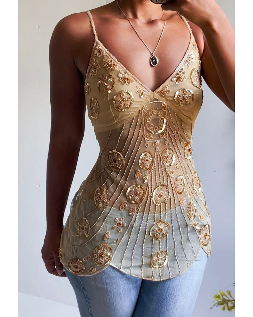 Rare Vintage Gold Mesh Beaded Cami