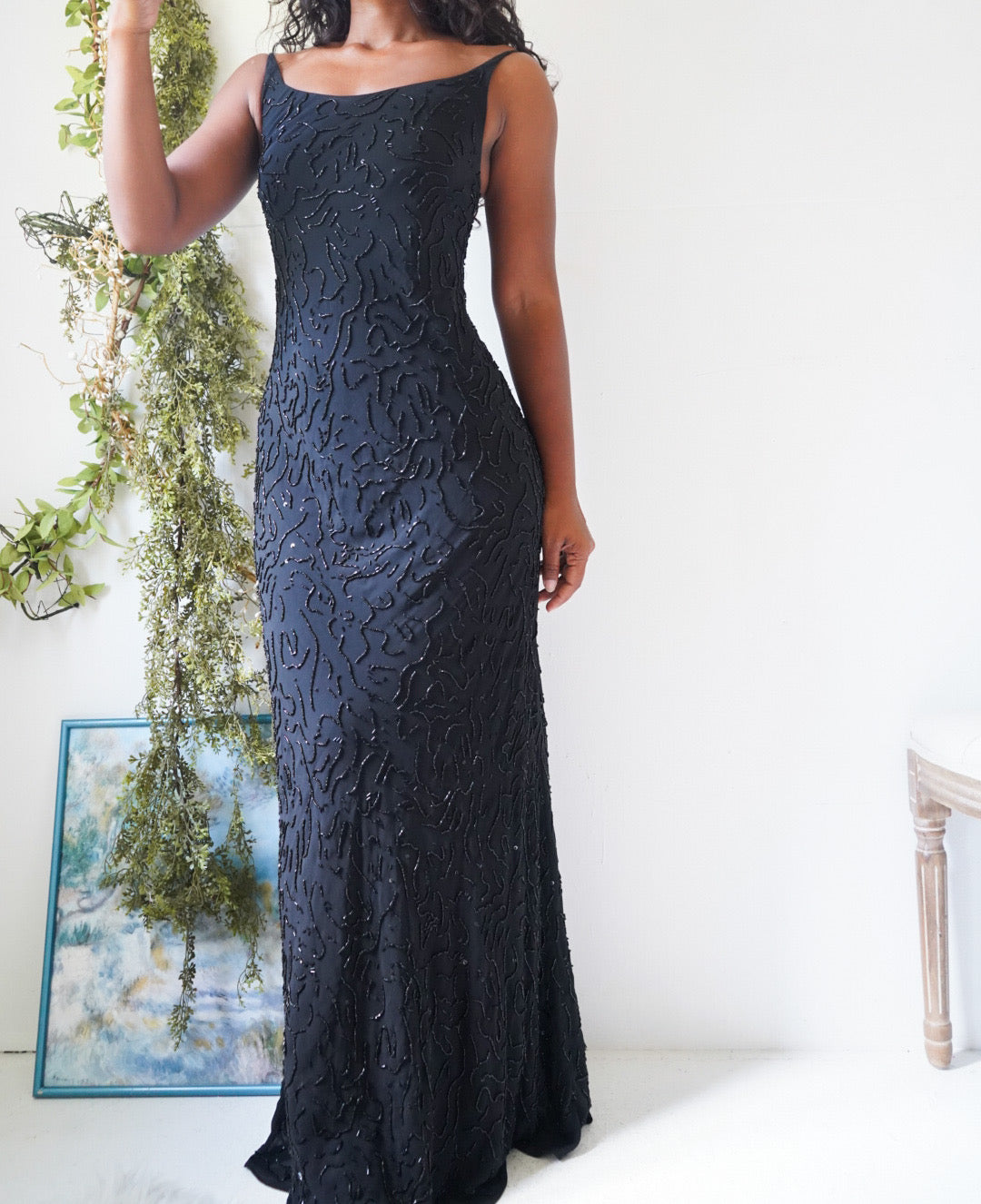 Y2K Silk Fully Beaded Cowl Back Gown