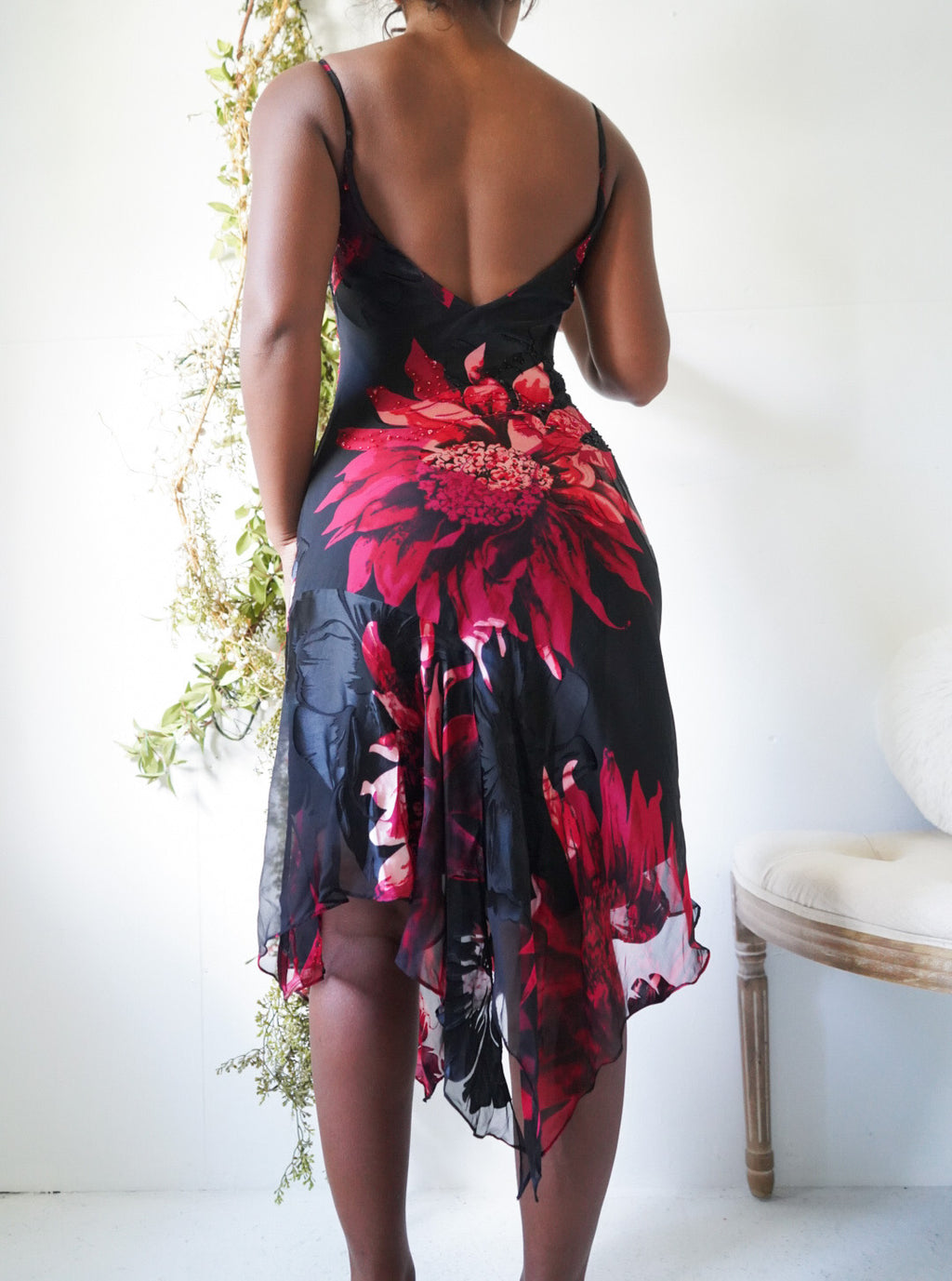 Rare Y2K Red & Black Floral Devore Silk Dress
