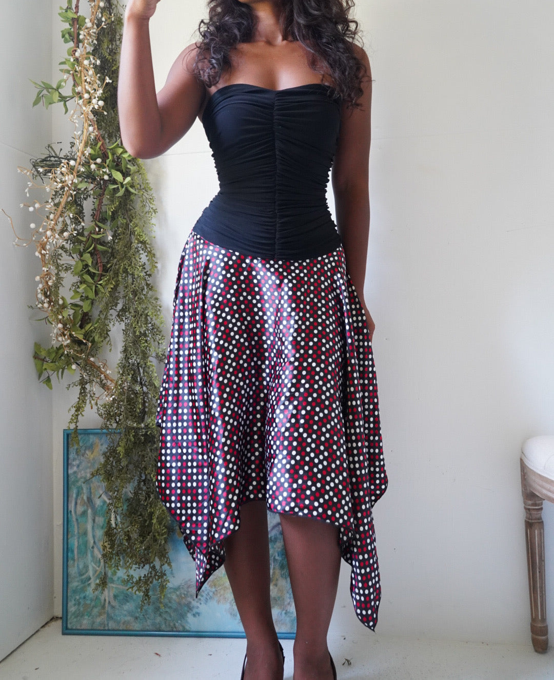 Y2K Black Strapless Polka Dot Dress