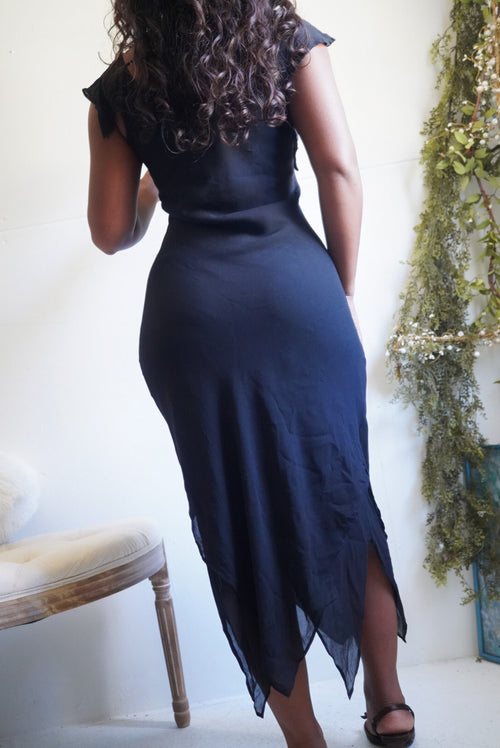 Y2K Black Silk Sequined Fairy Hem Dress