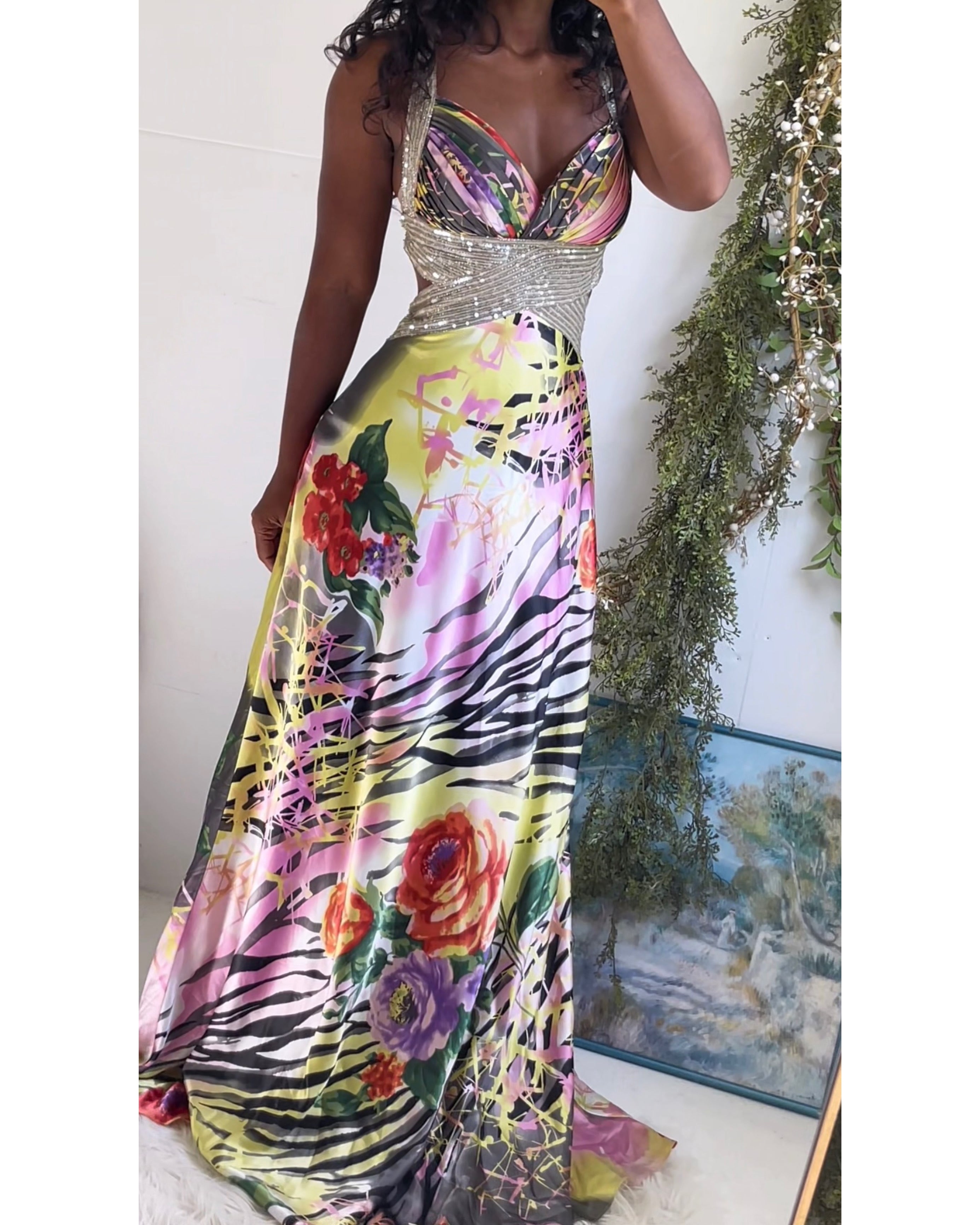 Y2K Abstract Animal Print Satin Gown