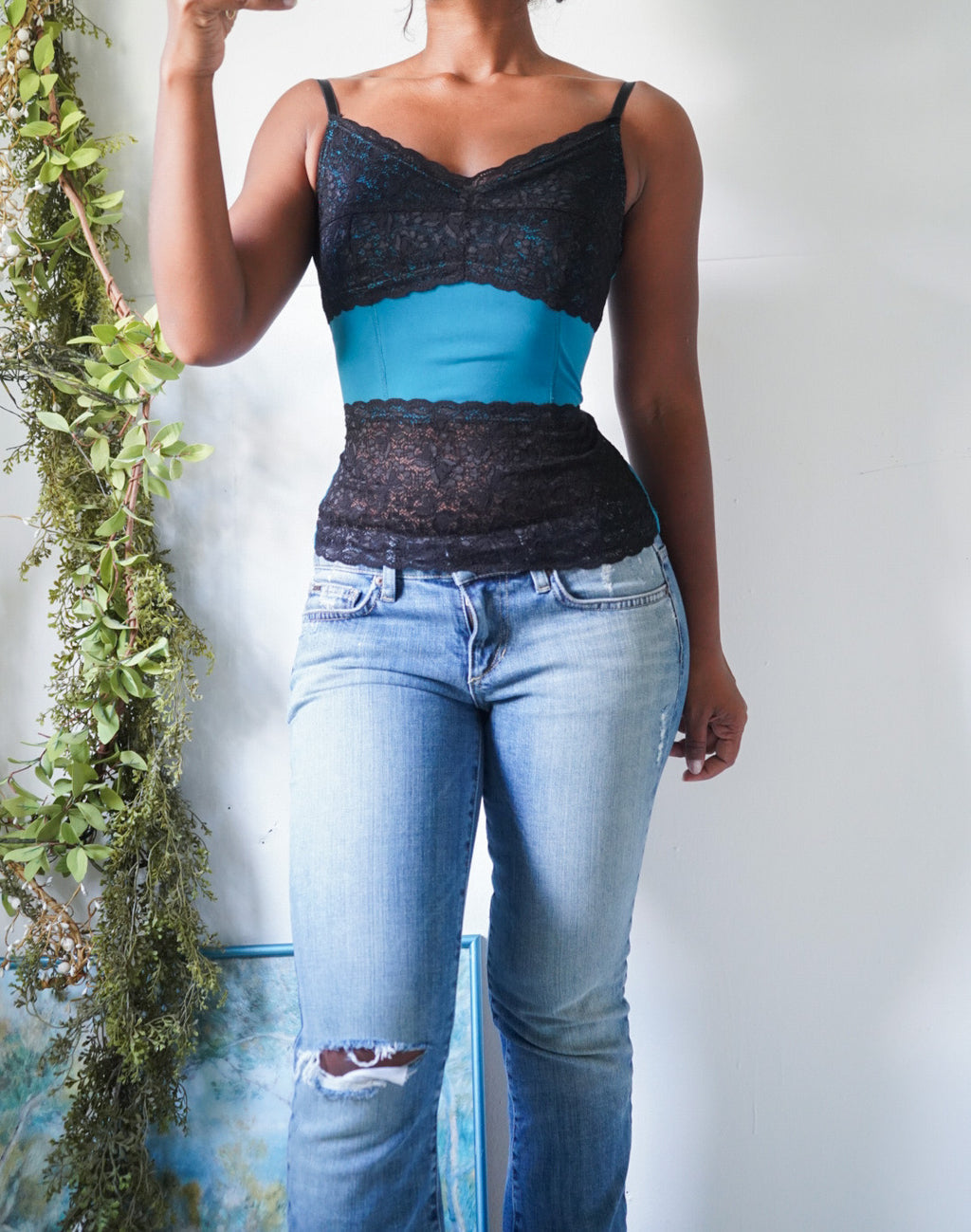 Y2K Teal and Black Lace Cami