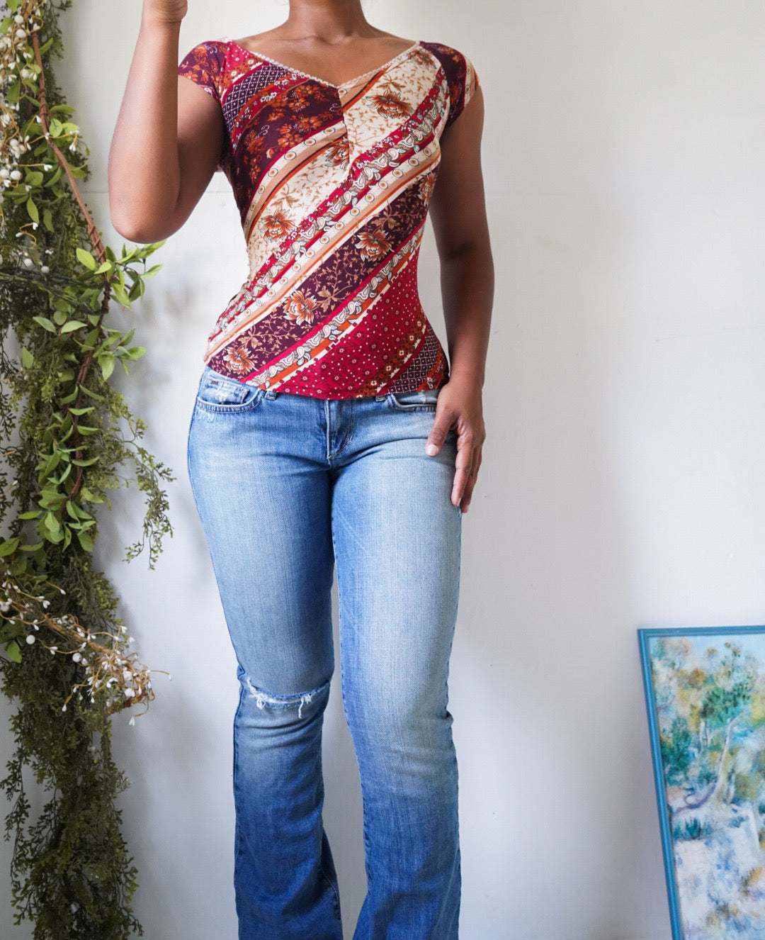 Y2K Paisley Boho Cinch Neckline Top