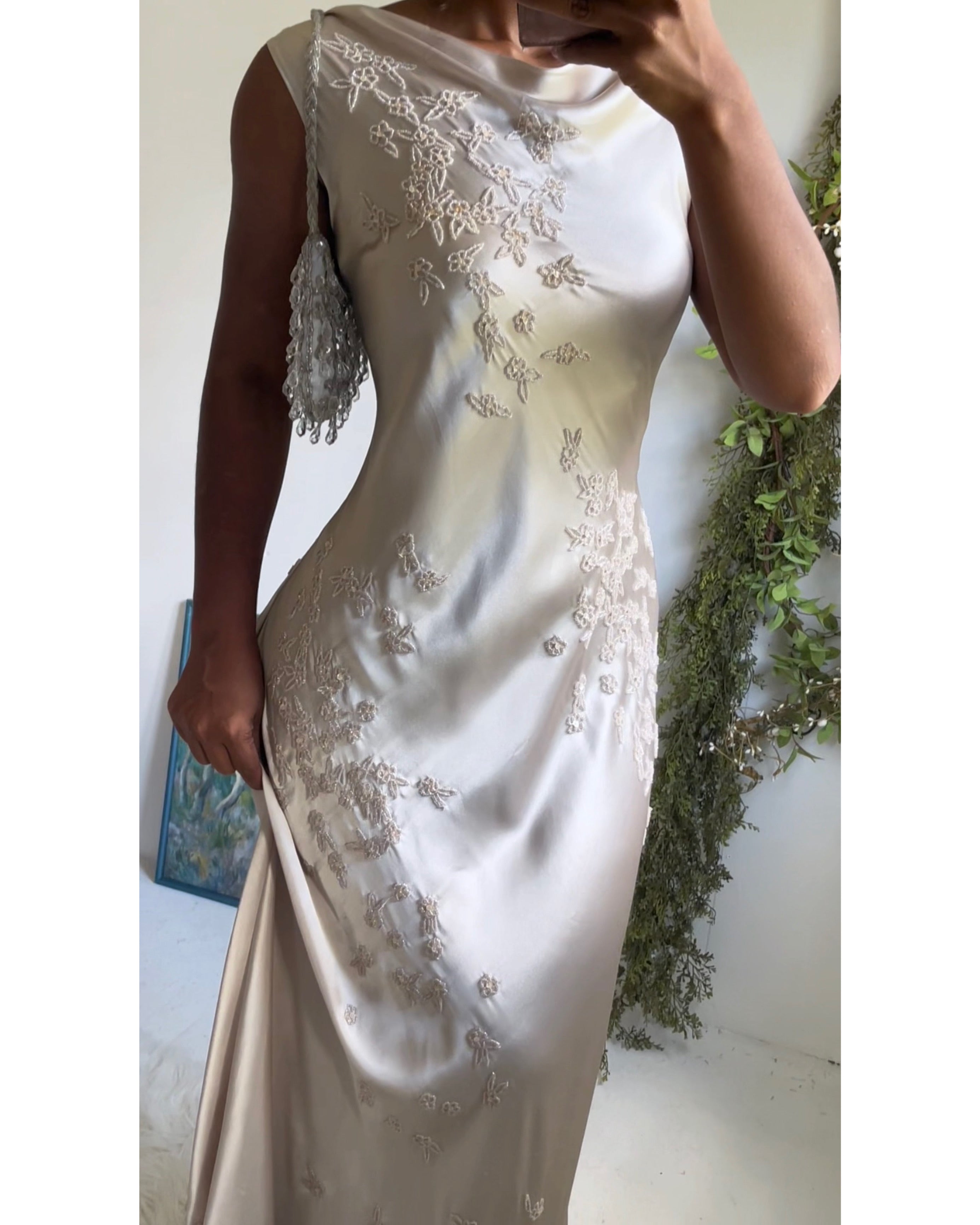 Rare Y2K Champagne Satin Beaded Gown