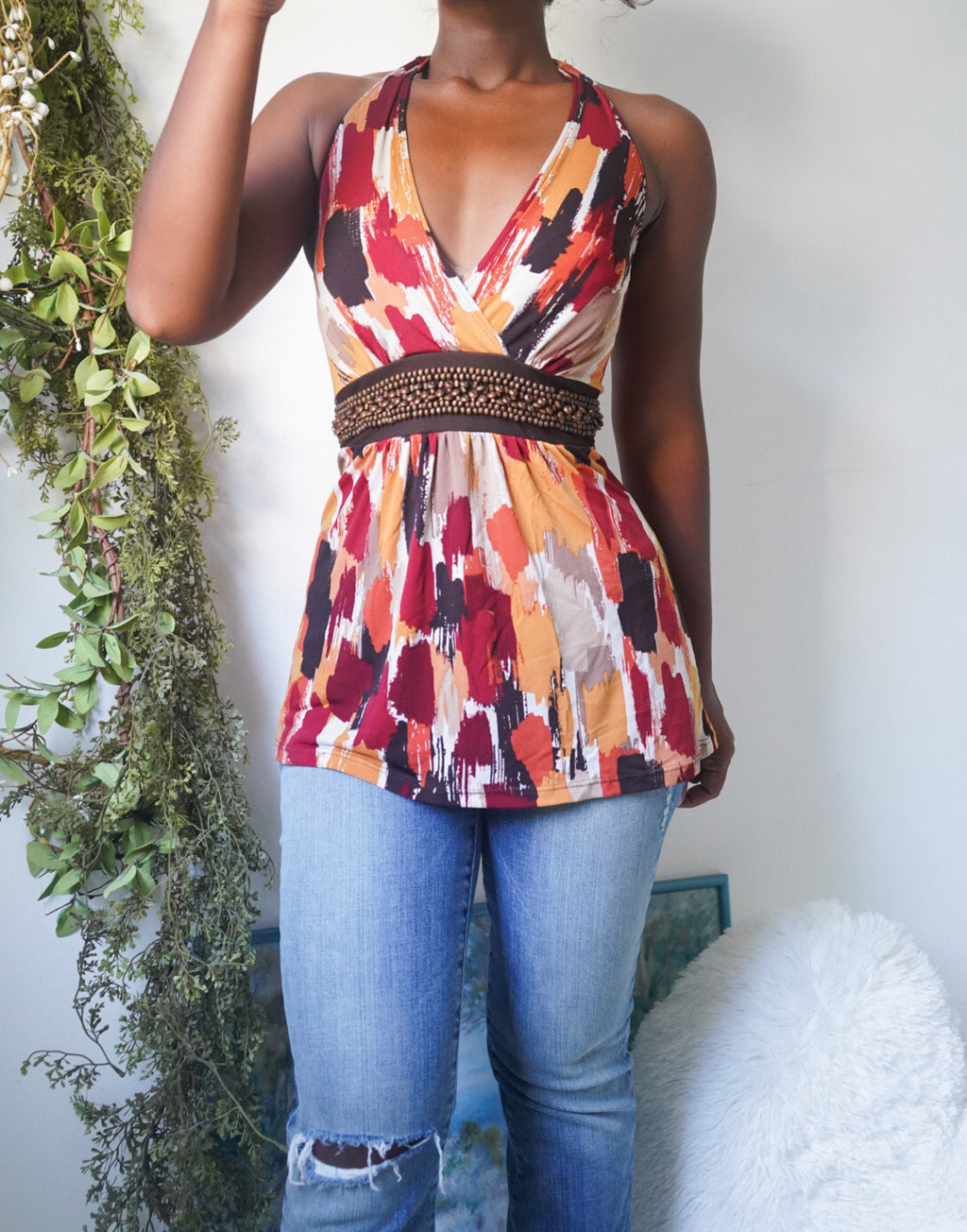 Y2K Boho Abstract Print Halter Top