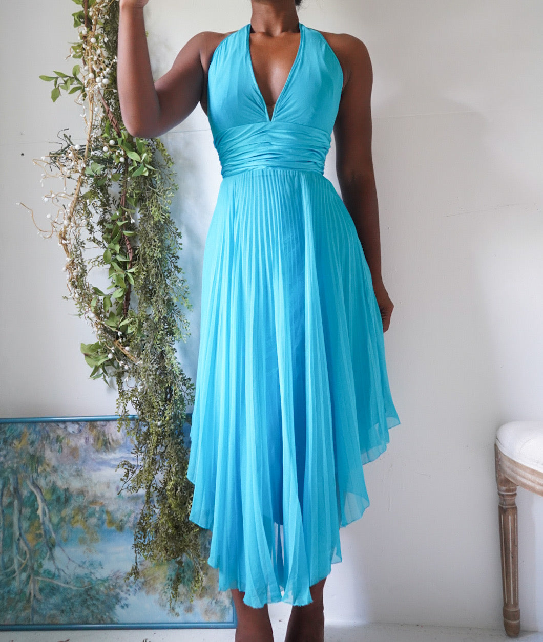 Y2K Turquoise Silk Halter Pleat Skirt Dress