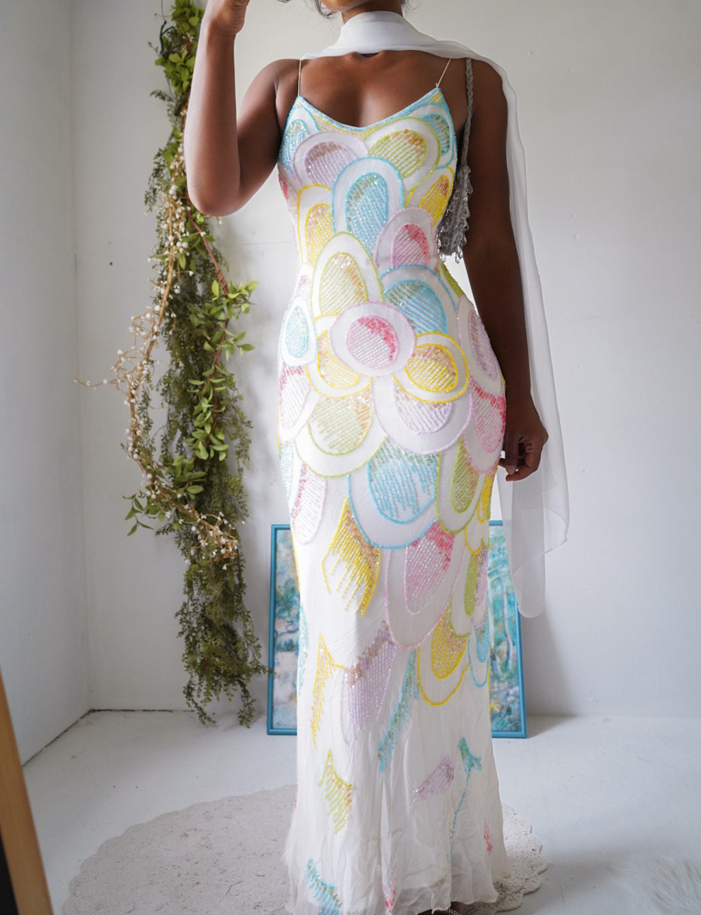 Rare Vintage Y2K Pastel Mermaid Silk Beaded Gown