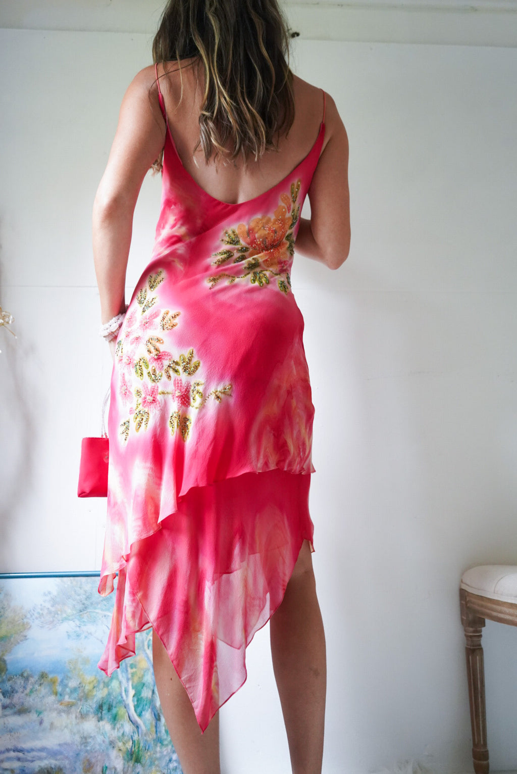 Rare Beaded Silk Fairy Dress with Scarf and Purse
