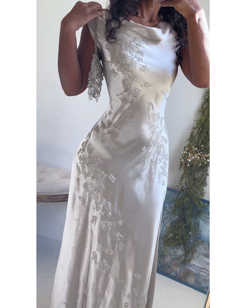 Rare Vintage Pearl Liquid Satin Beaded Gown
