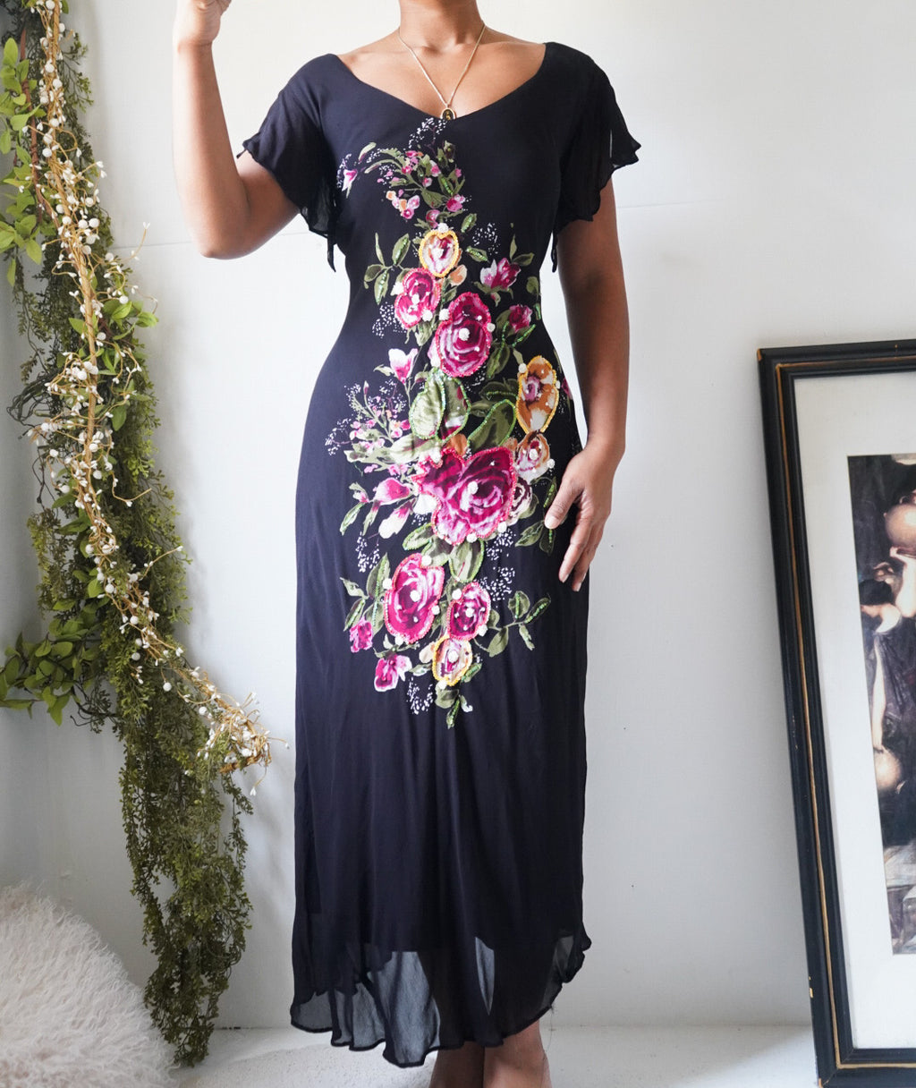 Vintage 90’s Black Garden Floral Midi Dress