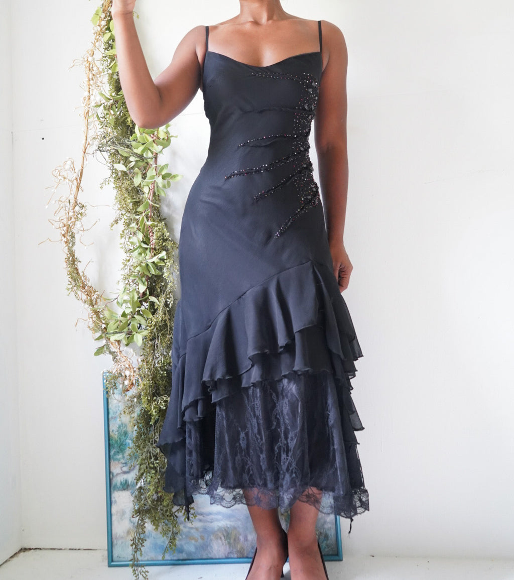 Y2K Black Beaded Ruffle Hem Dress