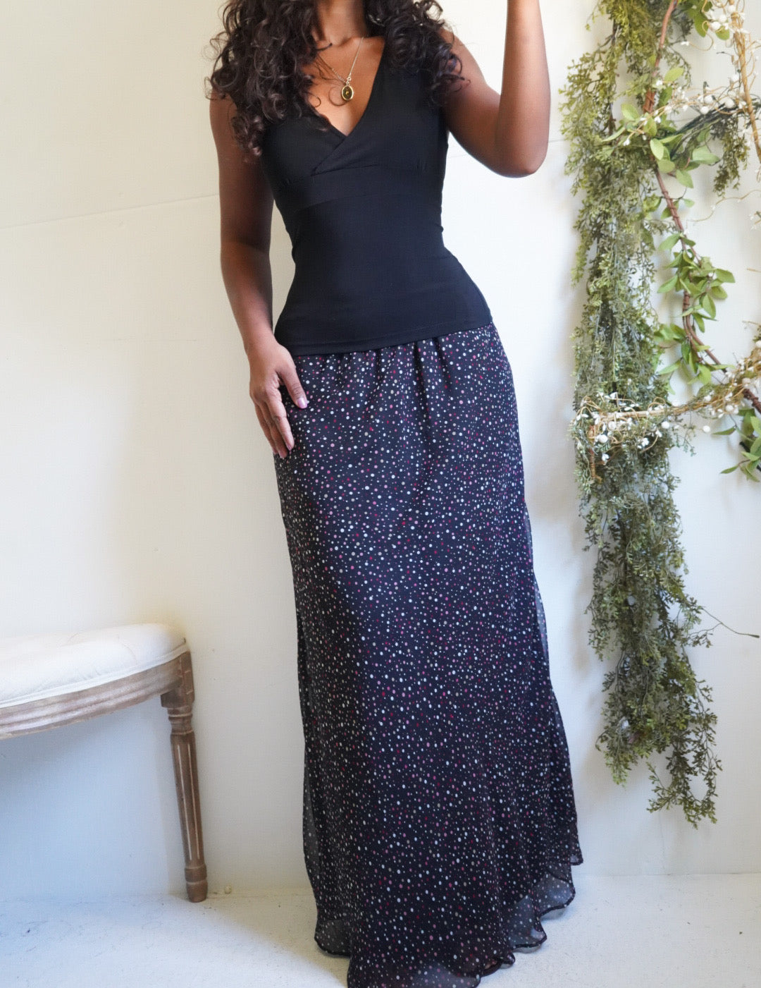 Y2K Black Dot Print Maxi Skirt