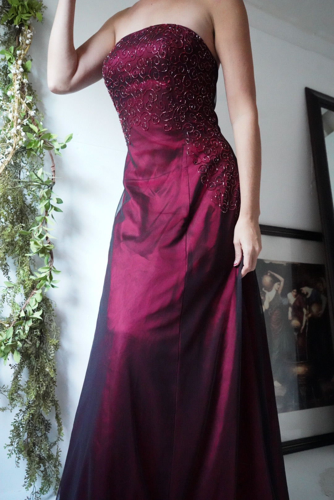 Vintage Black and Red Layered Strapless Gown
