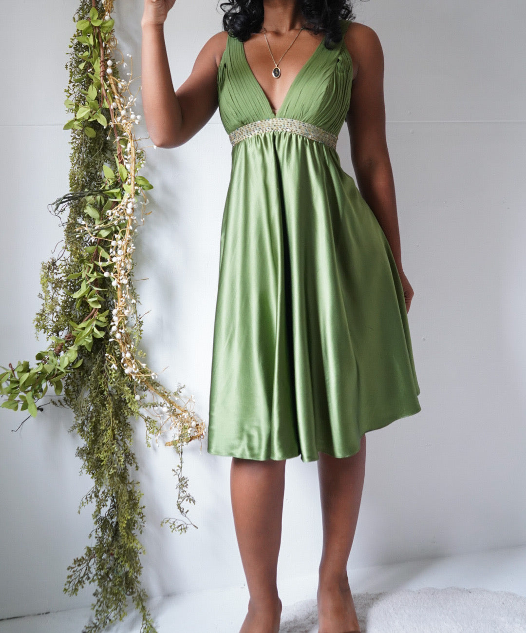 Y2K Sage Green Silk Babydoll Dress
