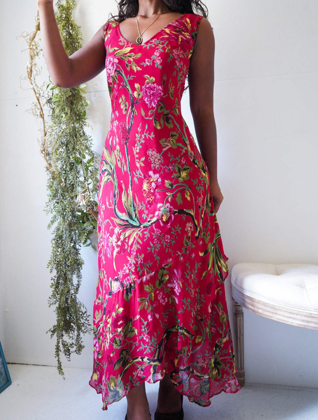 Y2K Red Floral Fairy Hem Midi Dress