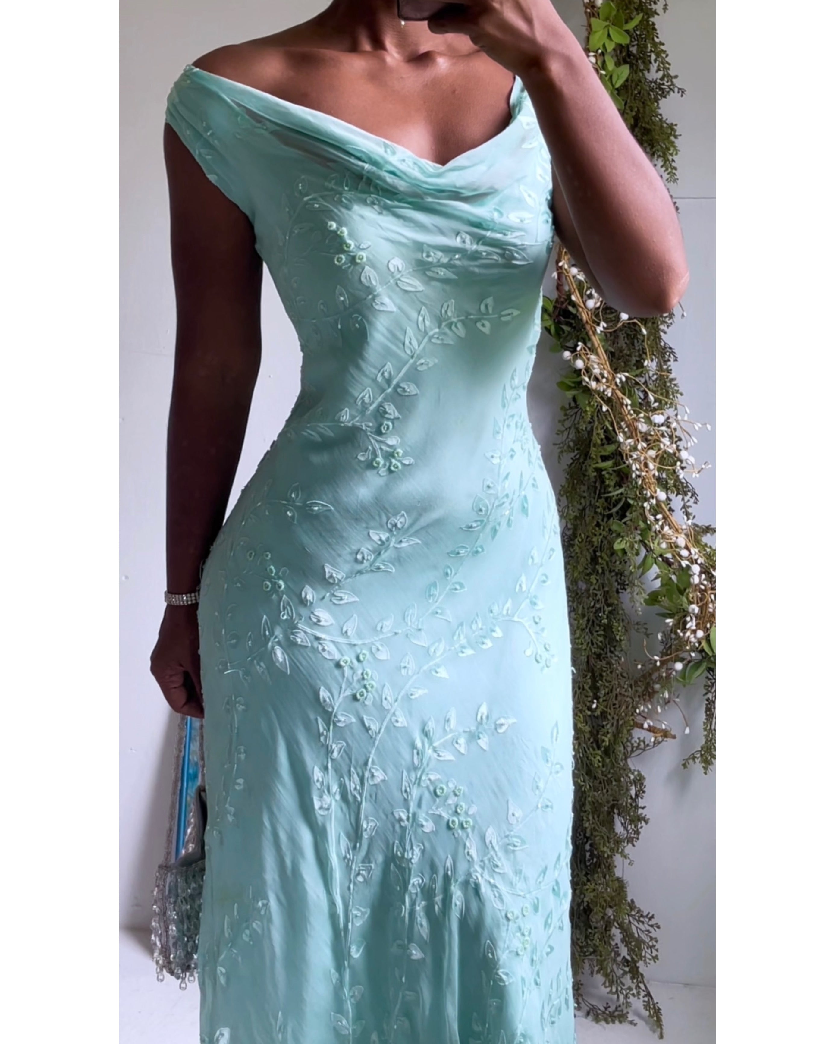 Y2K Light Aqua Beaded Silk Dress
