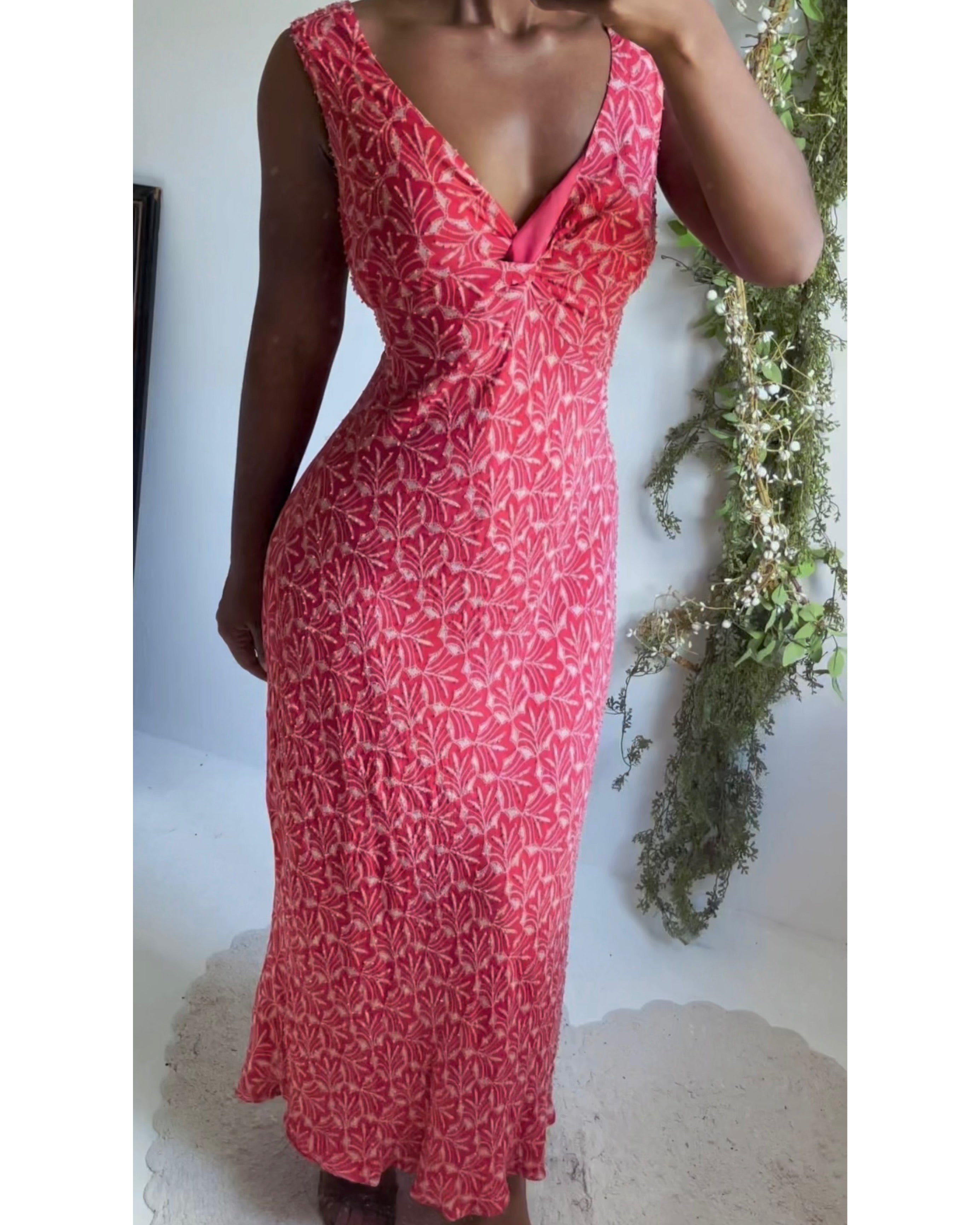 Y2K Coral and White Beaded Silk Dress