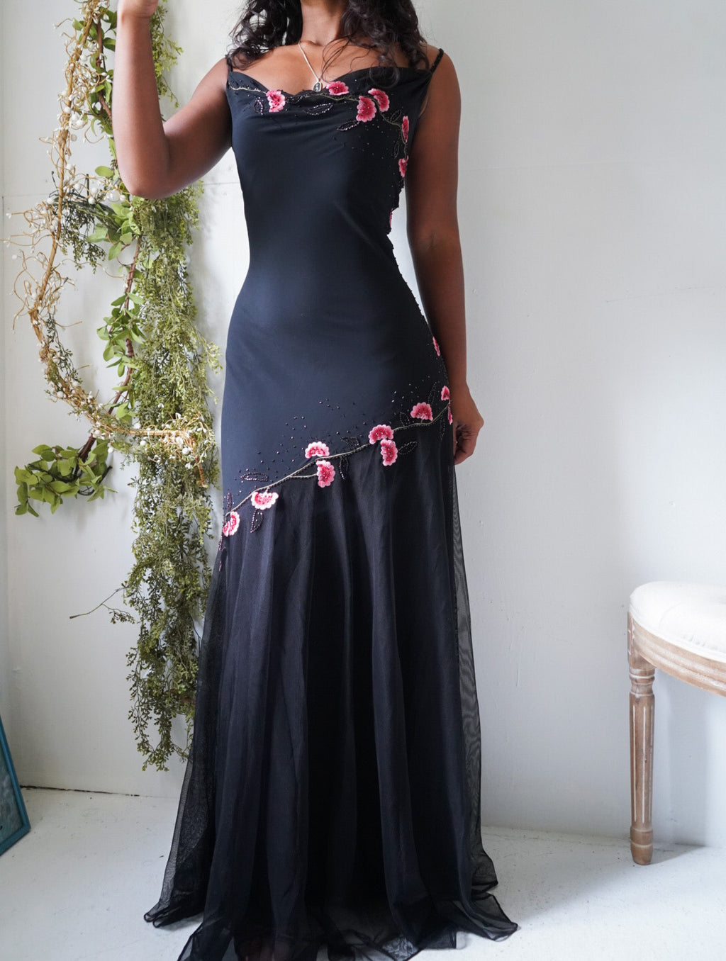 Y2K Tulle Hem Gown with Pink Flowers