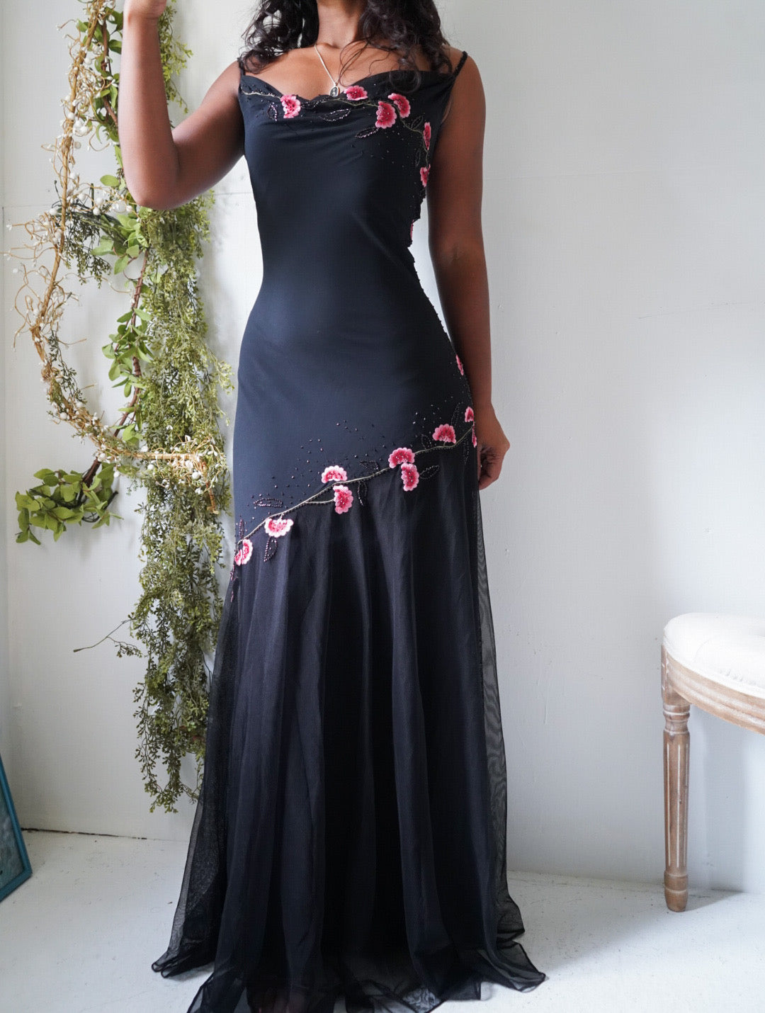 Y2K Tulle Hem Gown with Pink Flowers