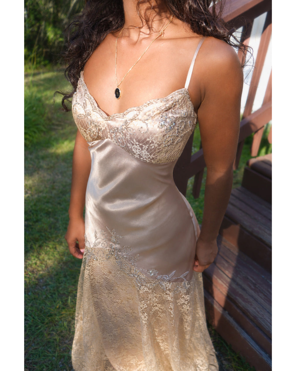 Champagne Gold Lace and Satin Beaded Gown (Pre-Order)
