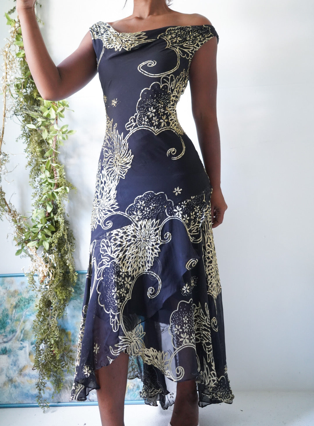 Y2K Black and Gold Silk Gown Neck Dress