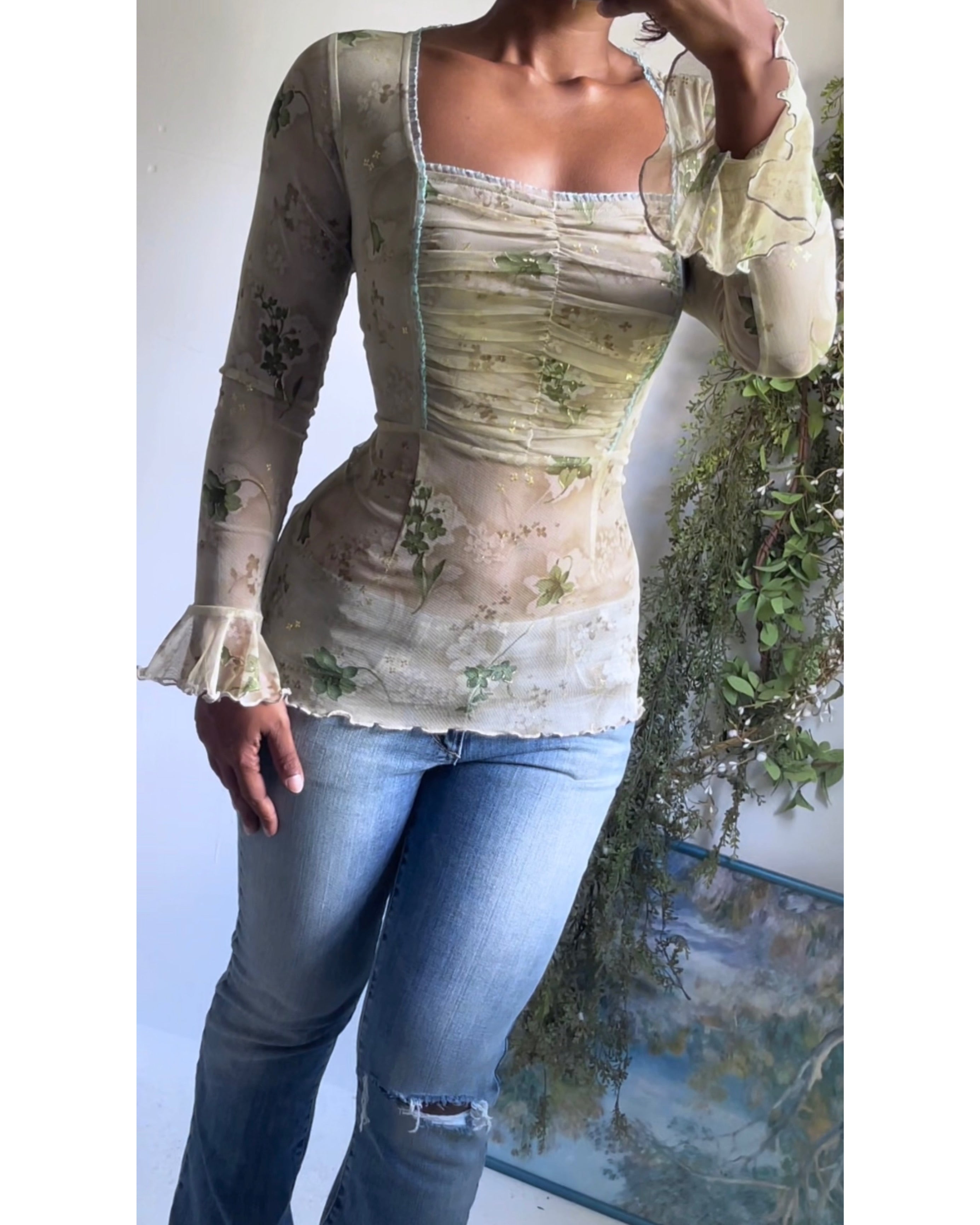 Rare Y2K Light Sage Romantic Mesh Top