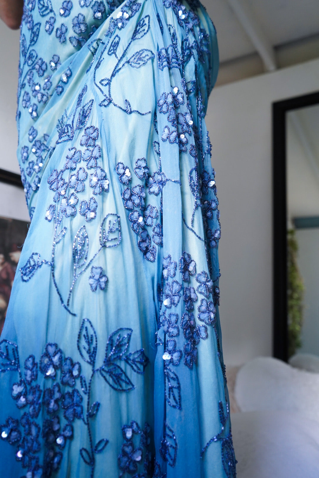 Vintage Silk Beaded Blue and Yellow Layered Gown