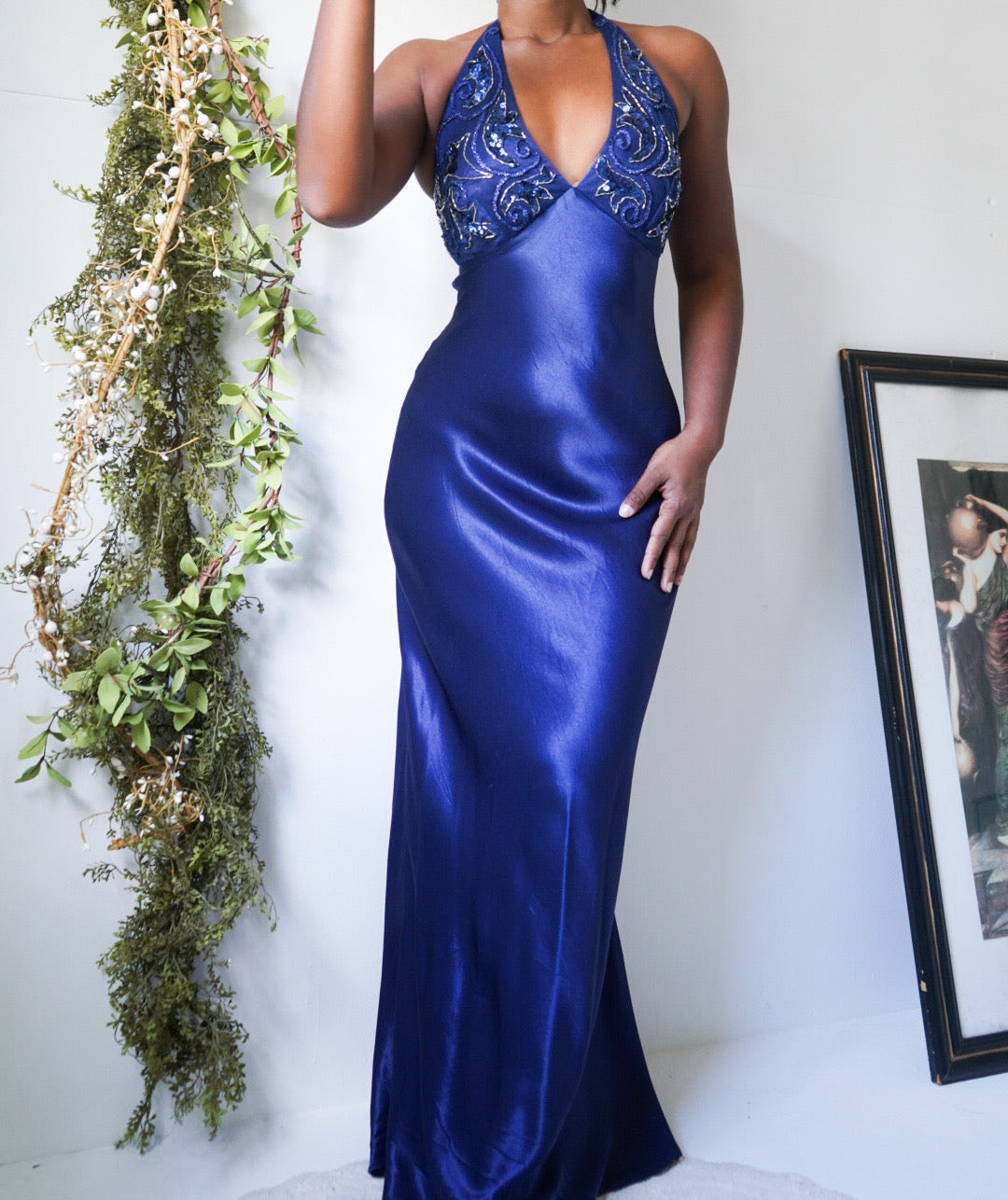 Vintage 90’s Navy Blue Satin Halter Gown