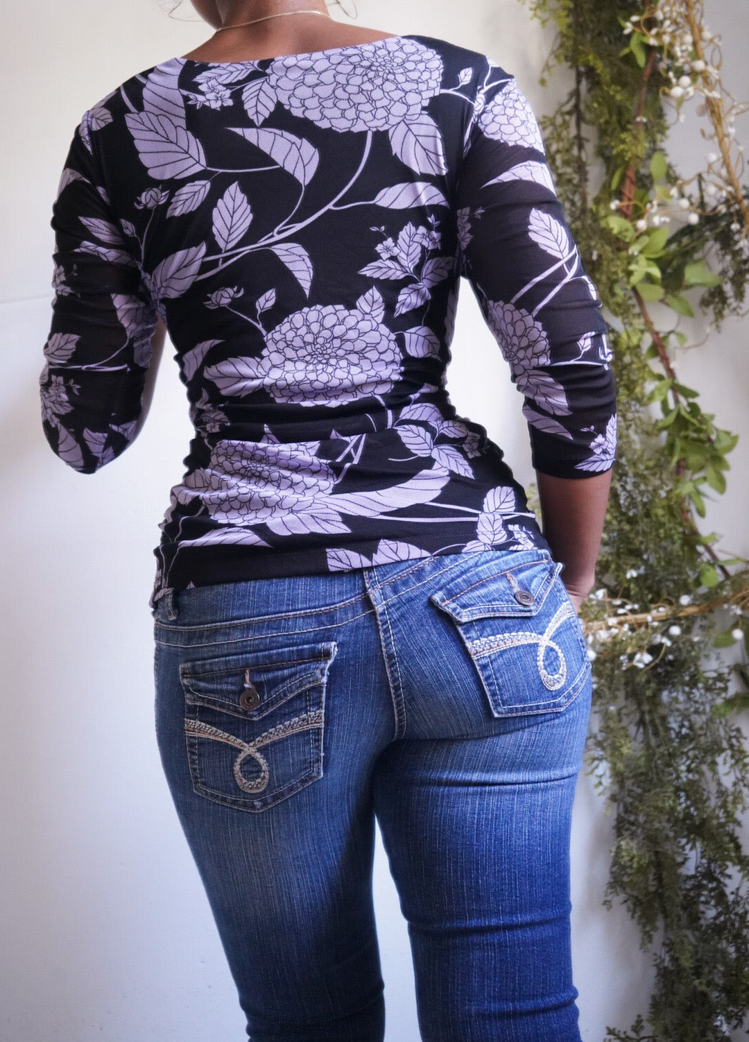 Y2K Purple and Black Floral Crossover Mesh Top