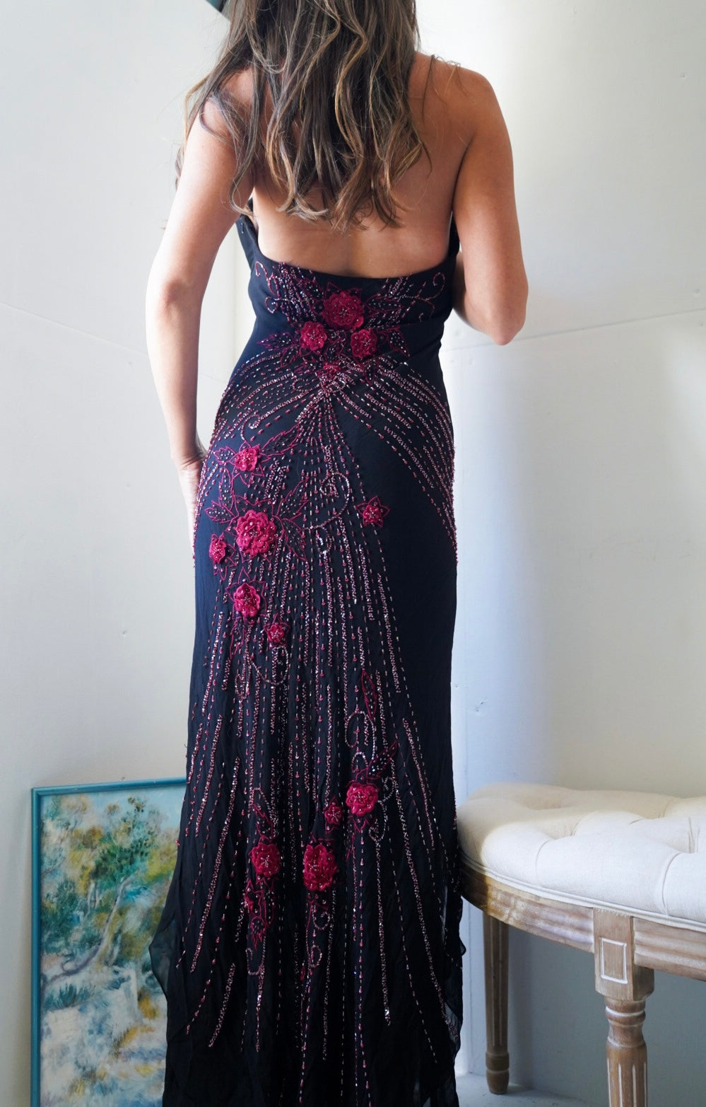 Y2k Silk Black and Red Floral Beaded Sue Wong Gown