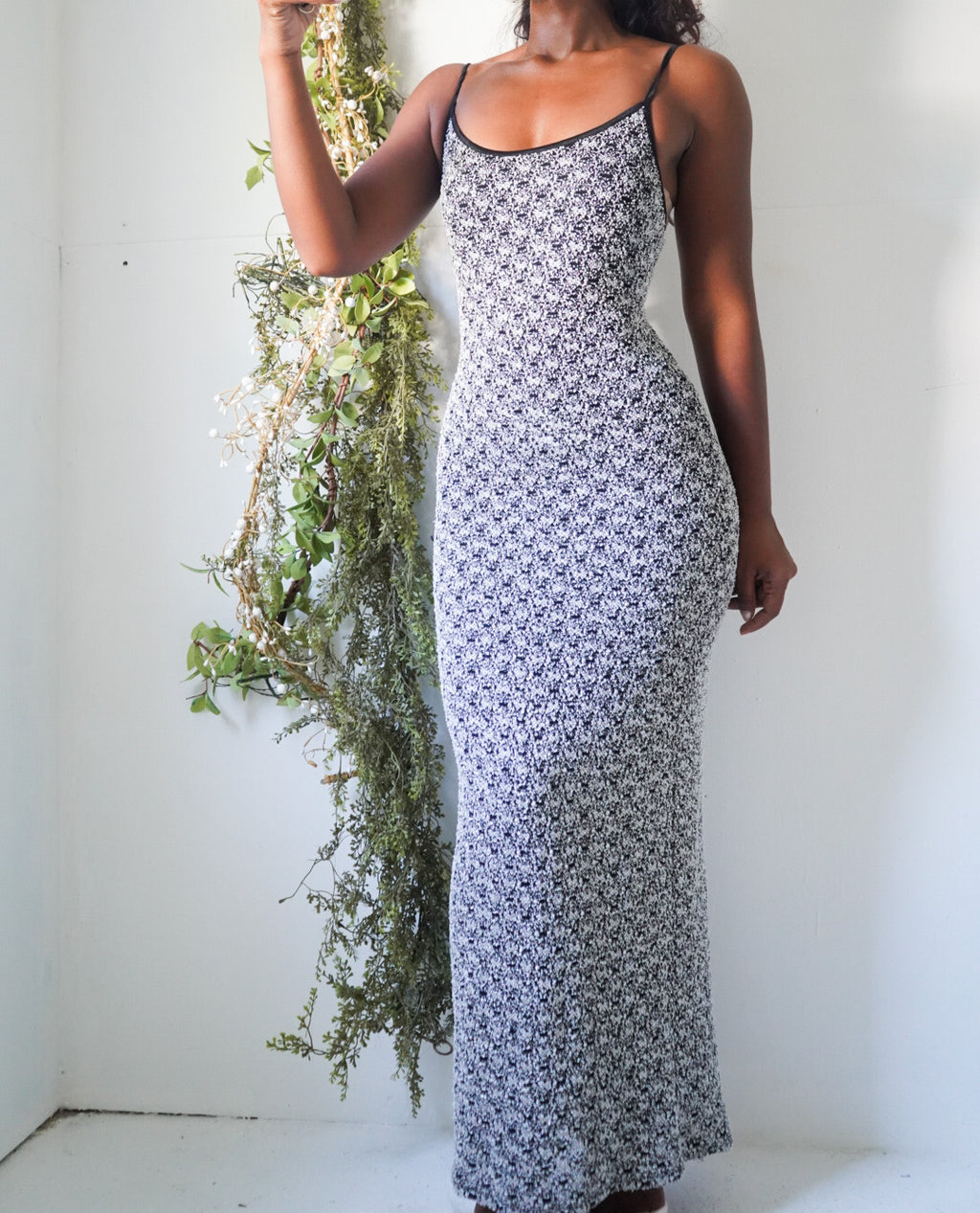 Y2K Monochrome Lace Knit Bodycon Maxi Dress