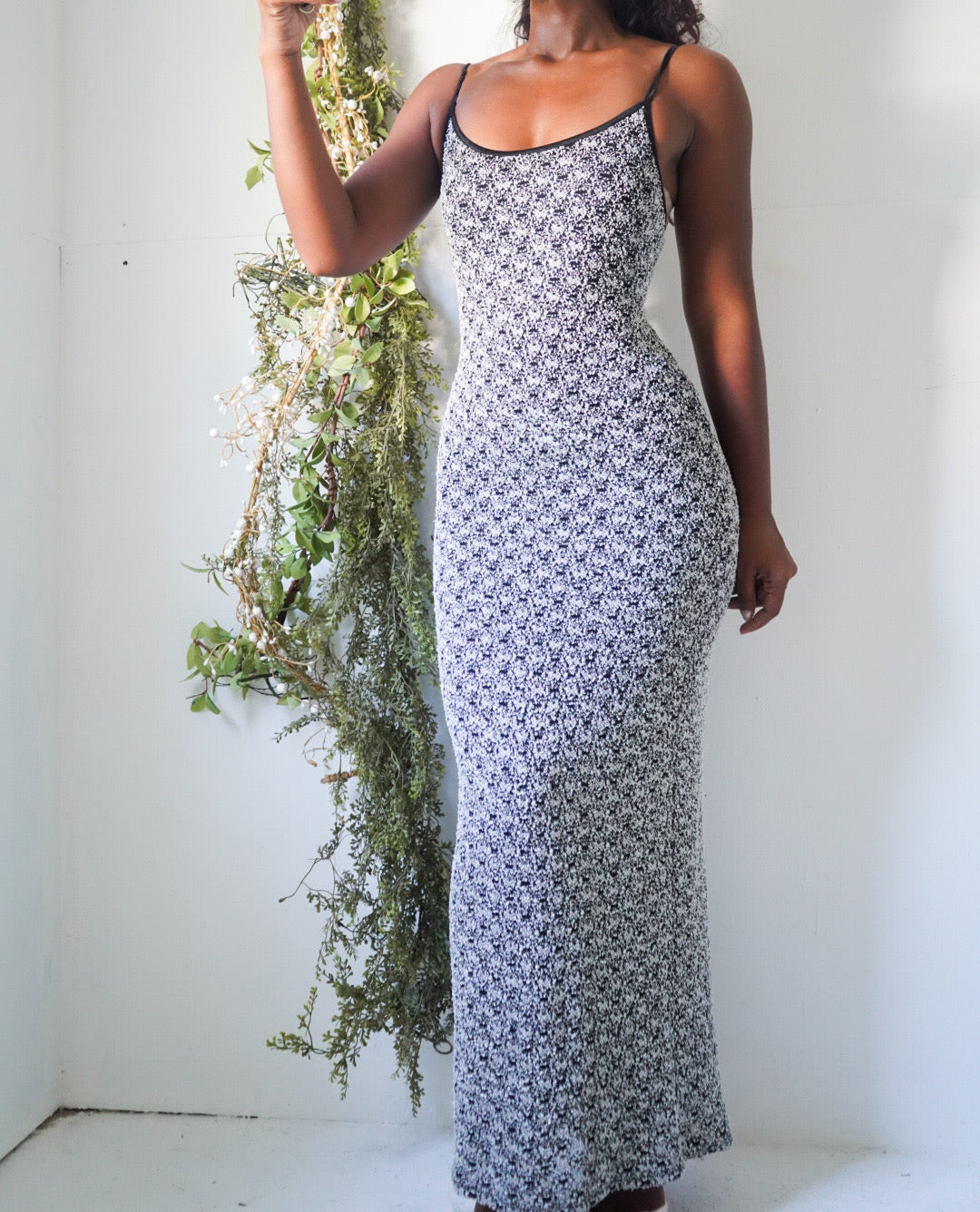Y2K Monochrome Lace Knit Bodycon Maxi Dress