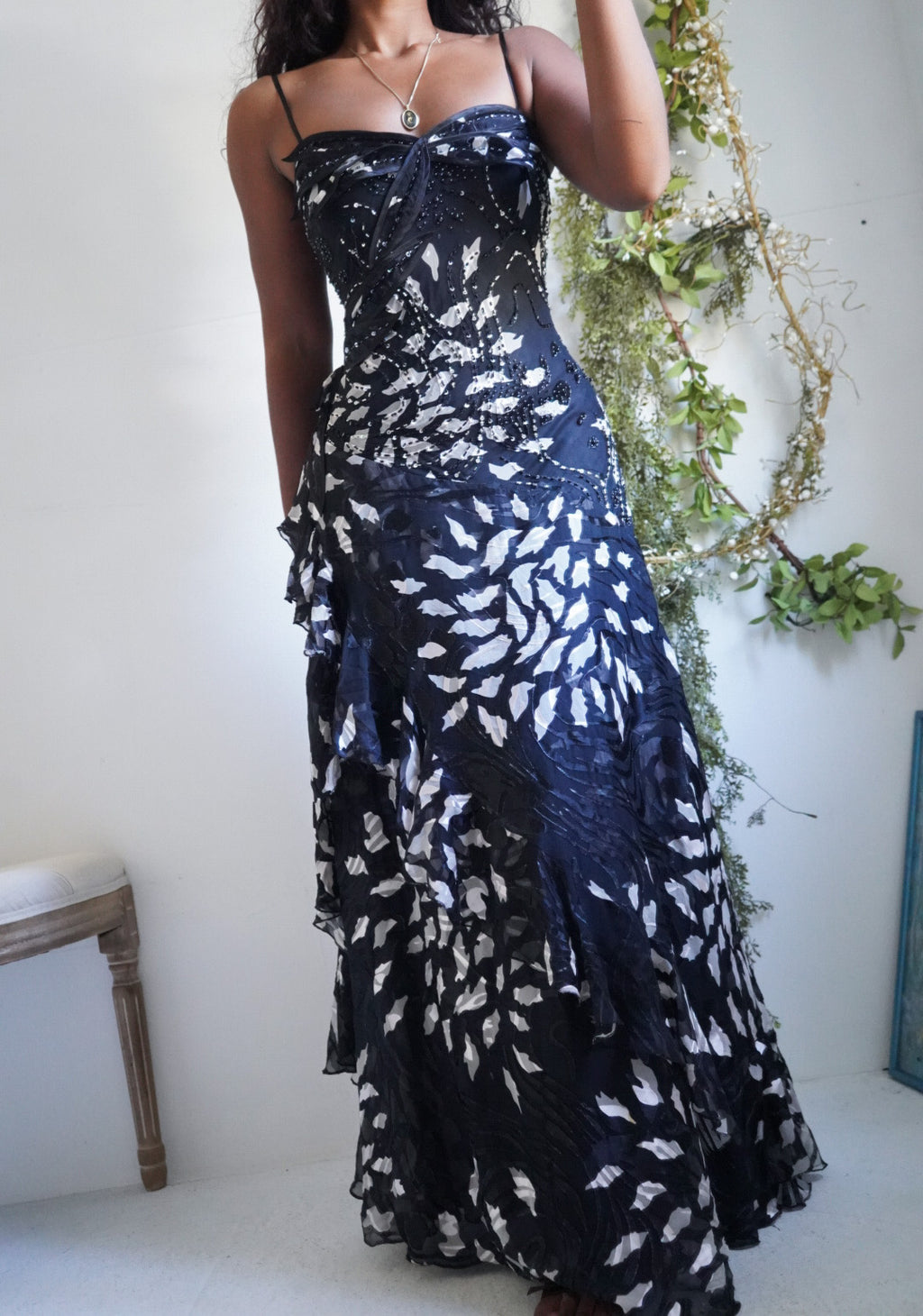 Y2K Monochrome Beaded Silk Burnout Gown
