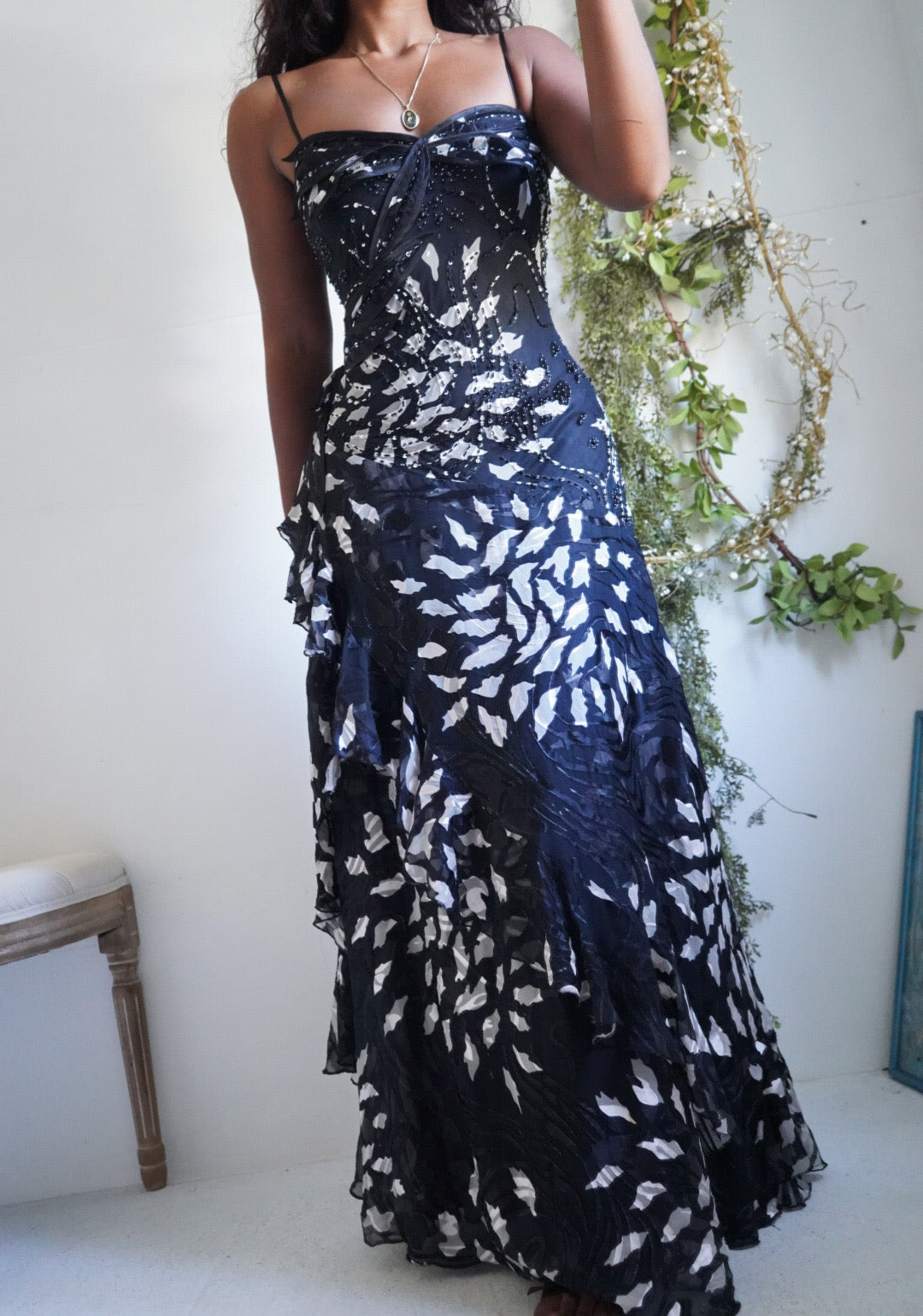 Y2K Monochrome Beaded Silk Burnout Gown