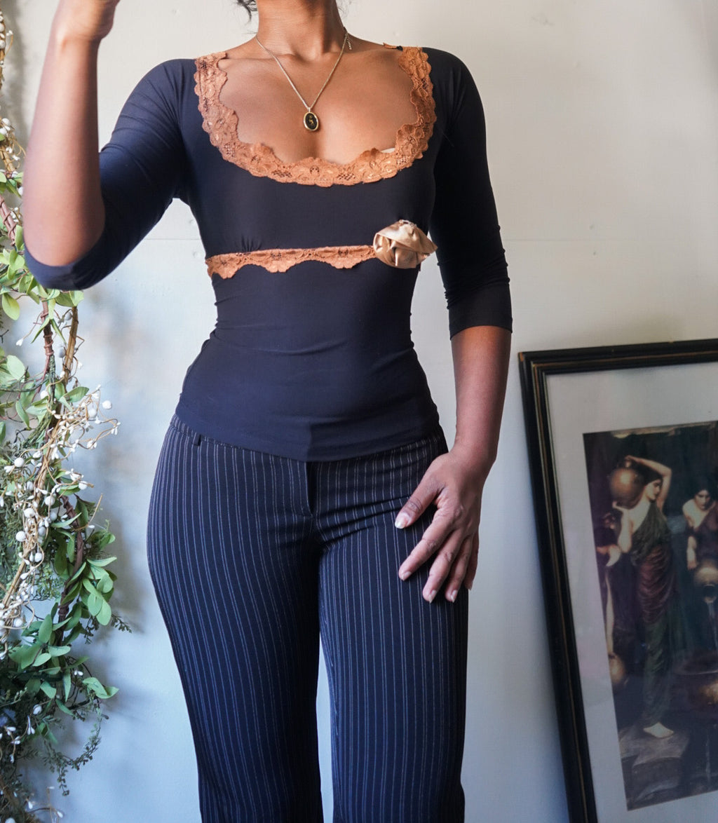Coquette 3/4 Sleeve Lace Trimmed Top