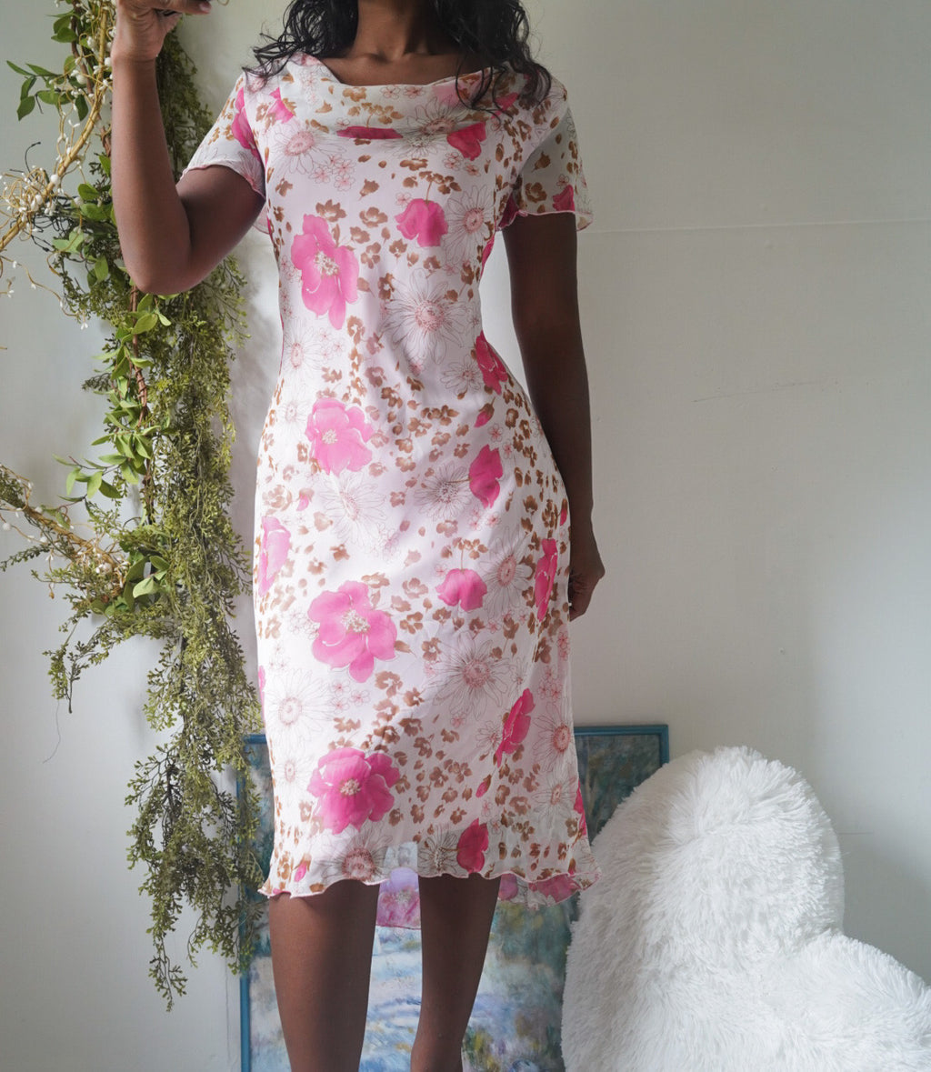 Y2K Romantic Floral Cowl Neck Dress