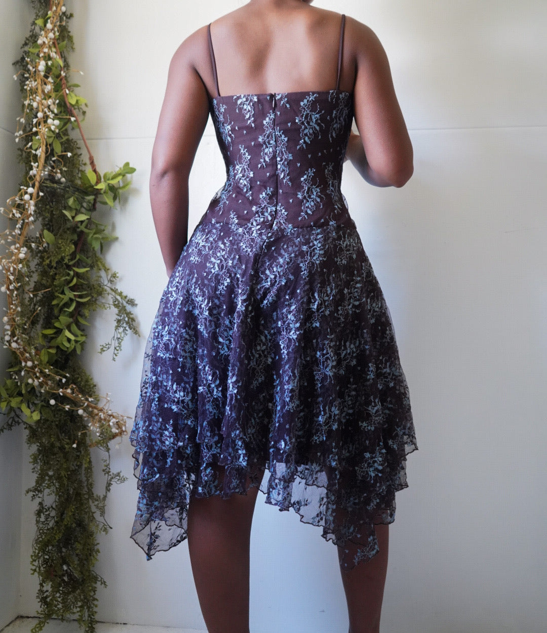 Y2K Brown with Blue Floral Lace Fairy Dress